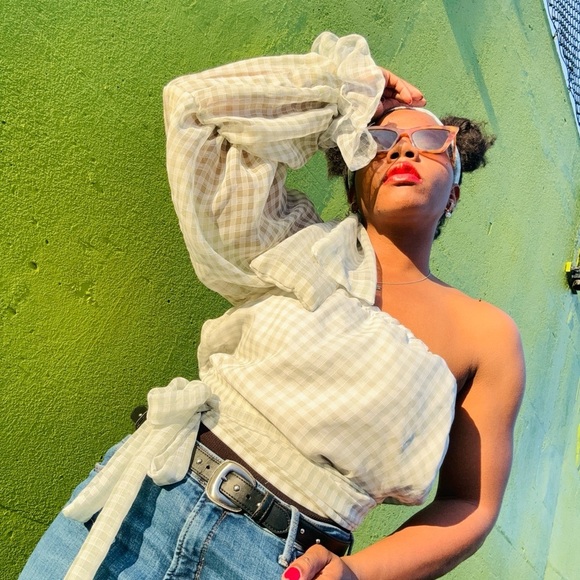 Tops - Asymmetrical Sleeve Blouse With Scrunchie